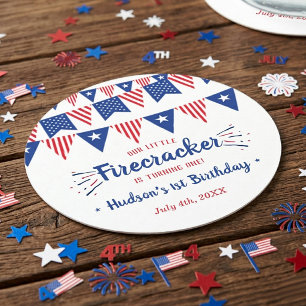 Little Firecracker 4th Of July 1st Birthday Party Round Paper Coaster