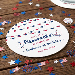 Little Firecracker 4th Of July 1st Birthday Party Round Paper Coaster