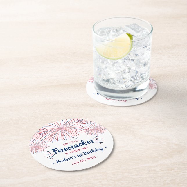 Little Firecracker 4th Of July 1st Birthday Party Round Paper Coaster (Insitu)