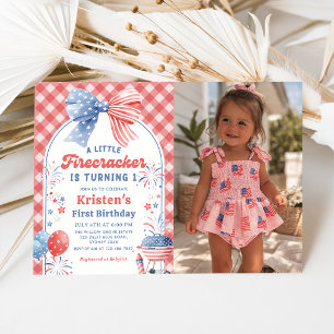 Little Firecracker 4th of July 1st Birthday Photo Invitation