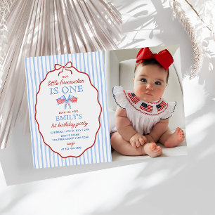 Little Firecracker 4th of July 1st Birthday Photo Invitation