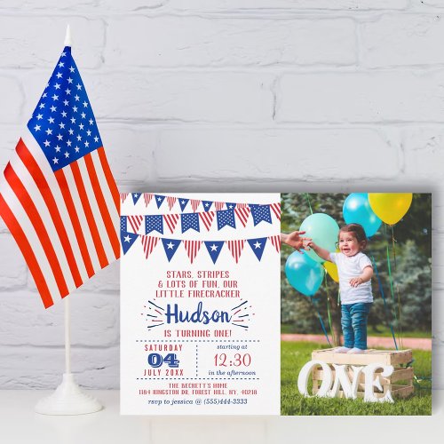 Little Firecracker 4th Of July 1st Birthday Photo Invitation