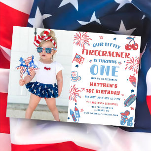 Little Firecracker 4th of July 1st Birthday Photo Invitation