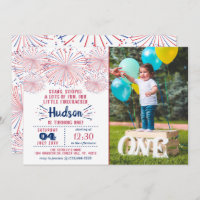 Little Firecracker 4th Of July 1st Birthday Photo Invitation