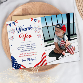 Little Firecracker 4th Of July 1st Birthday Photo Thank You Card