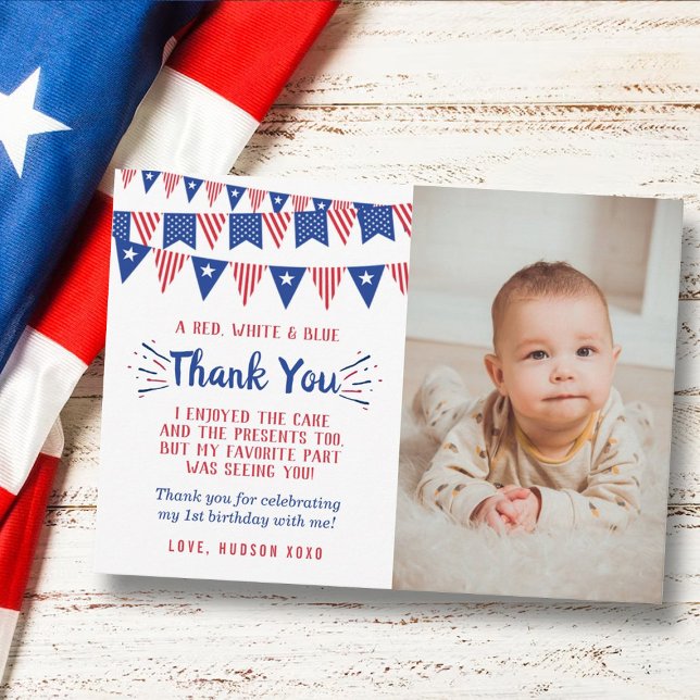 Little Firecracker 4th Of July 1st Birthday Photo Thank You Card (Creator Uploaded)