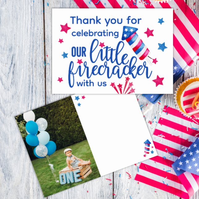 Little Firecracker 4th of July 1st Birthday Photo  Thank You Card (Creator Uploaded)