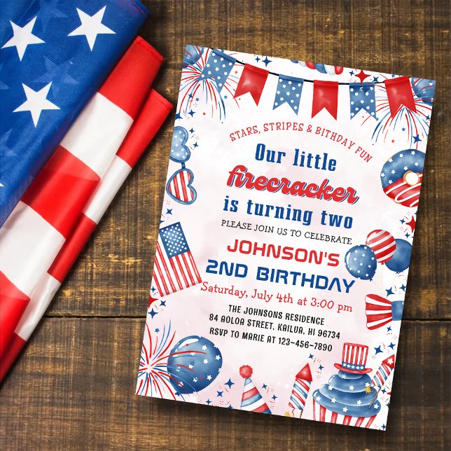 Little Firecracker 4th Of July 2nd Birthday Party Invitation (Creator Uploaded)