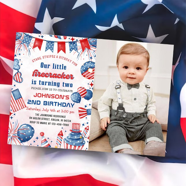 Little Firecracker 4th Of July 2nd Birthday Photo Invitation (Creator Uploaded)
