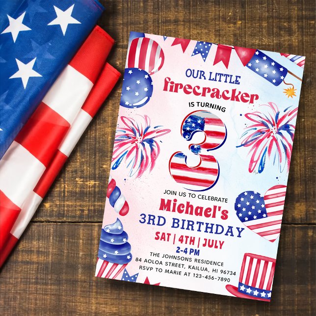 Little Firecracker 4th Of July 3rd Birthday Party Invitation (Creator Uploaded)