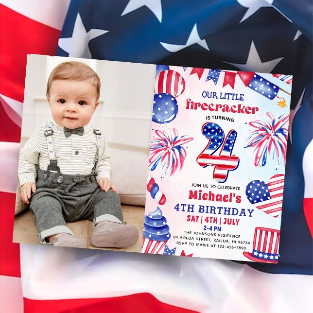 Little Firecracker 4th Of July  4th Birthday Photo Invitation (Creator Uploaded)