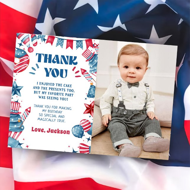 Little Firecracker 4th Of July Birthday Photo Thank You Card (Creator Uploaded)