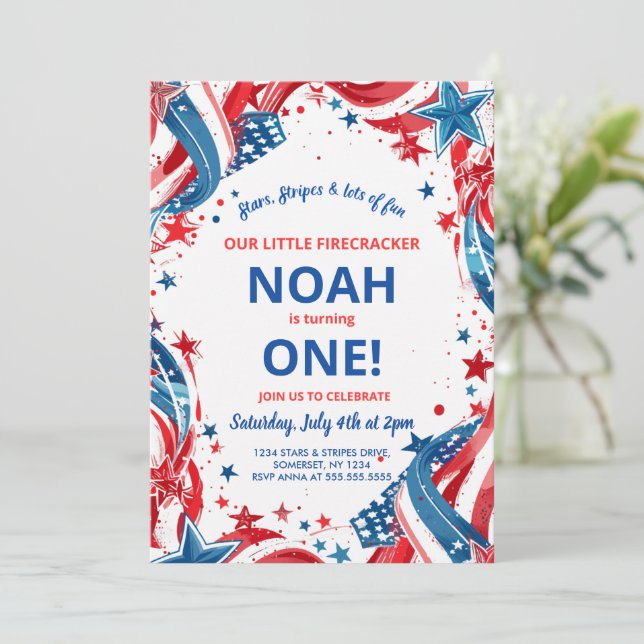 Little Firecracker 4th of July First birthday  Invitation (Standing Front)