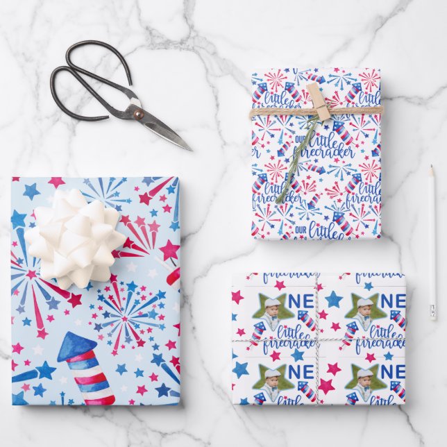 Little Firecracker 4th of July First Birthday Wrapping Paper Sheets (Front)