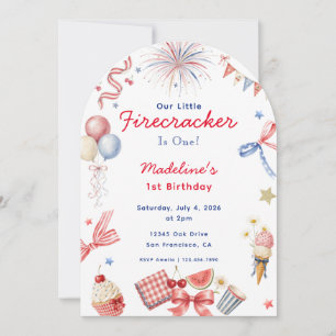 Little Firecracker 4th of July Girl 1st Birthday Invitation