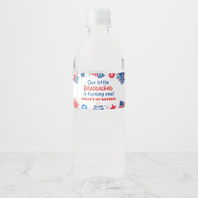 Little Firecracker 4th of July Summer 1st Birthday Water Bottle Label (Front)