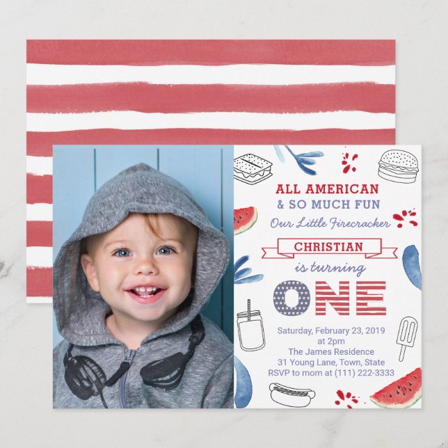 Little Firecracker All-American 1st Birthday Party Invitation (Front/Back)