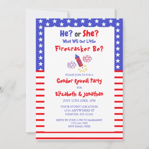 Little Firecracker American Gender Reveal Invitation