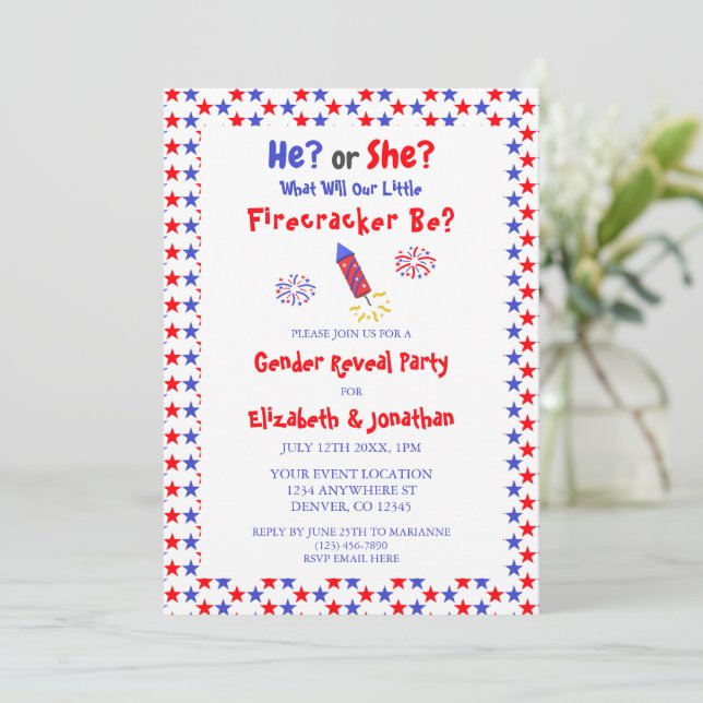 Little Firecracker American Gender Reveal Invitation (Standing Front)