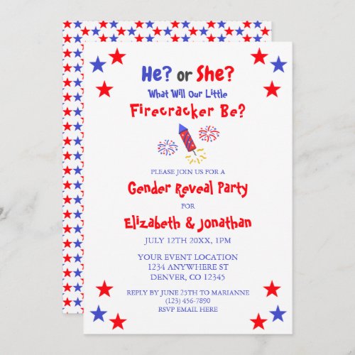 Little Firecracker American Gender Reveal Invitation
