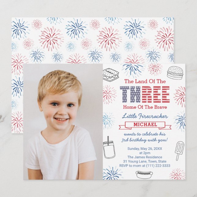 Little Firecracker Cookout 3rd Birthday Party Invitation (Front/Back)