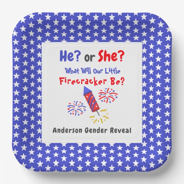 Little Firecracker Gender Reveal Paper Plates (Front)
