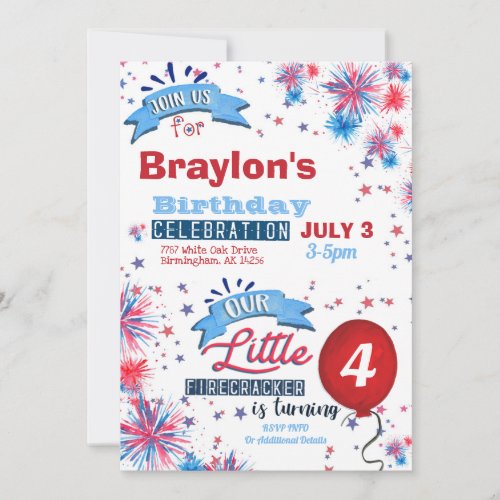 Little Firecracker July 4th Birthday Invitation