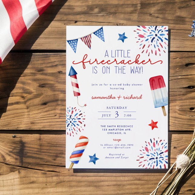Little Firecracker on the way July 4th baby shower Invitation (Creator Uploaded)