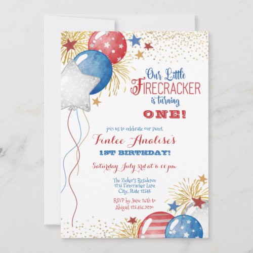 Little Firecracker Patriotic July Red White Blue Invitation