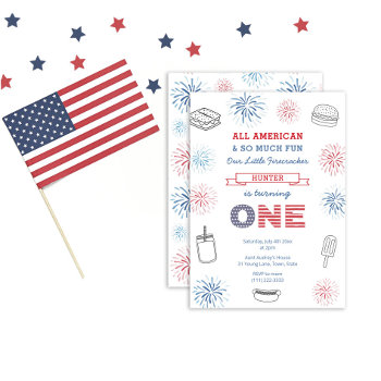 Little Firecracker Red Blue 1st Birthday Party Invitation by DulceGrace at Zazzle