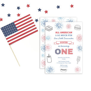 Little Firecracker Red Blue 1st Birthday Party Invitation