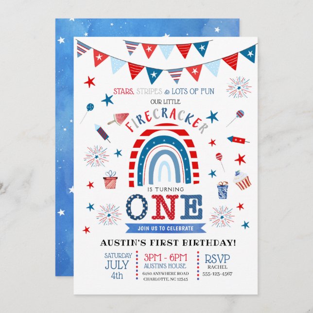 Little Firecracker Red White & Blue Birthday Invitation (Front/Back)