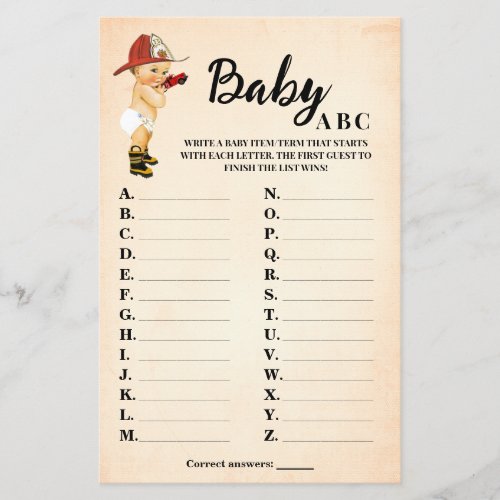 Little Firefighter Baby ABC Baby Shower Game Card Flyer