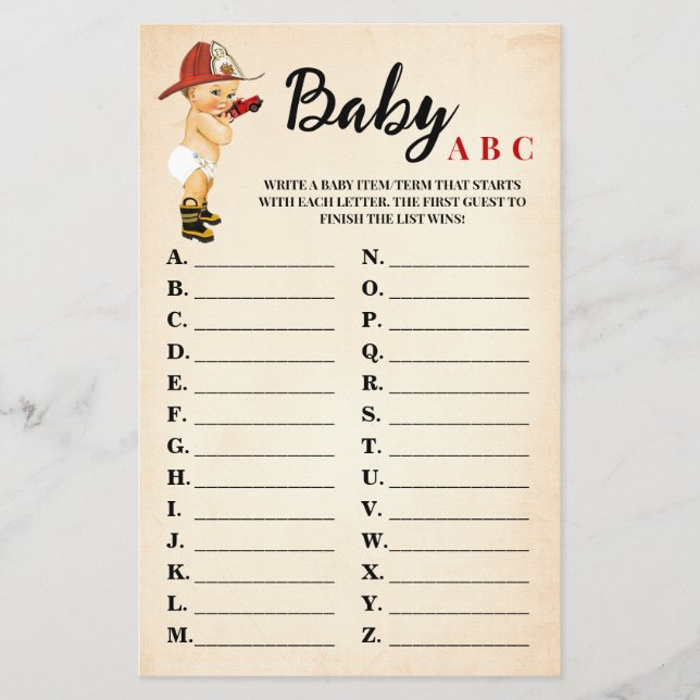 Little Firefighter Baby ABC Baby Shower Game Card Flyer (Front)