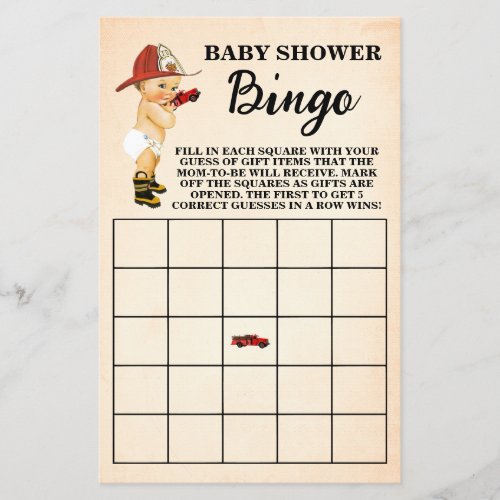 Little Firefighter Baby Shower Bingo Game Card Flyer