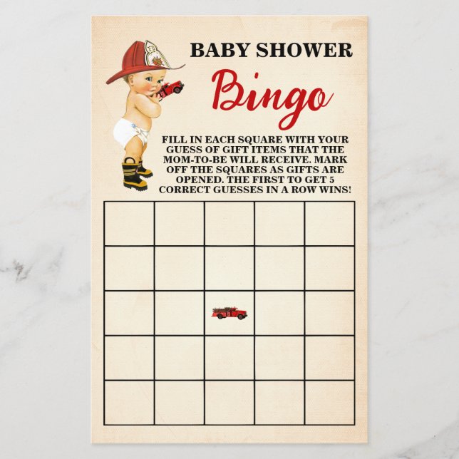 Little Firefighter Baby Shower Bingo Game Card Flyer (Front)