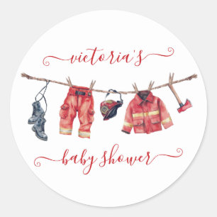 Little Firefighter Baby Shower Clothesline Classic Round Sticker