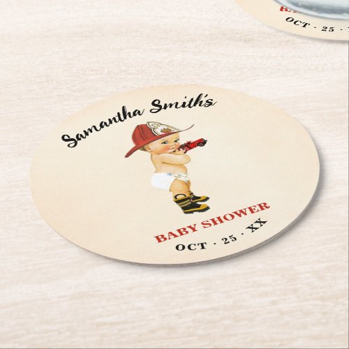 Little Firefighter Baby Shower Round Paper Coaster