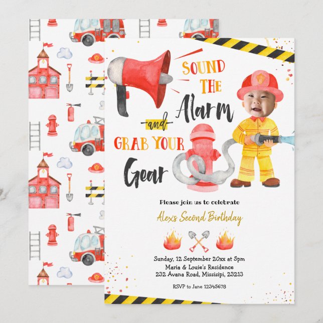 Little Firefighter Boy With Photo Boy Birthday Invitation (Front/Back)