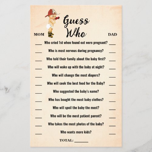 Little Firefighter Guess Who Baby Shower Game Card Flyer