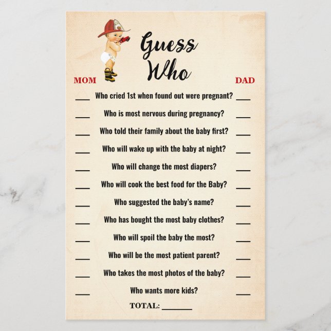 Little Firefighter Guess Who Baby Shower Game Card Flyer (Front)