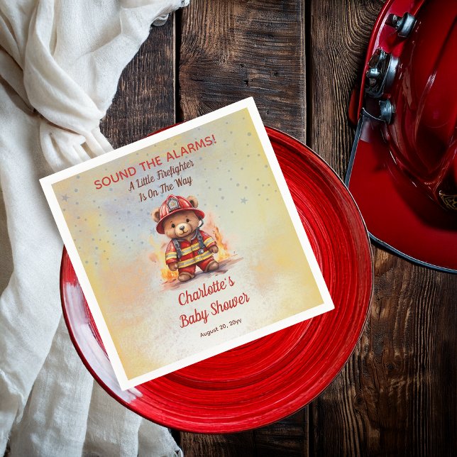 Little Firefighter Teddy Bear Baby Shower  Napkins (Sound the Alarms!  A Little Firefighter Is On The Way Cute Teddy Bear Baby Shower Paper Napkins)