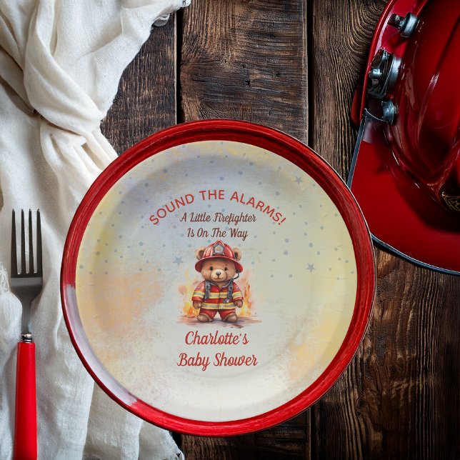 Little Firefighter Teddy Bear Baby Shower  Paper Plates (Sound the Alarms!  A Little Firefighter Is On The Way Cute Teddy Bear Baby Shower Paper Plates)