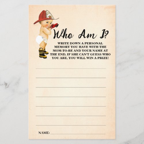 Little Firefighter Who am I Baby Shower Game Card Flyer