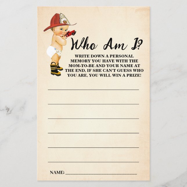 Little Firefighter Who am I Baby Shower Game Card Flyer (Front)