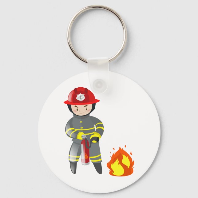 Little Fireman Hero Putting Out Fire Keychain (Front)