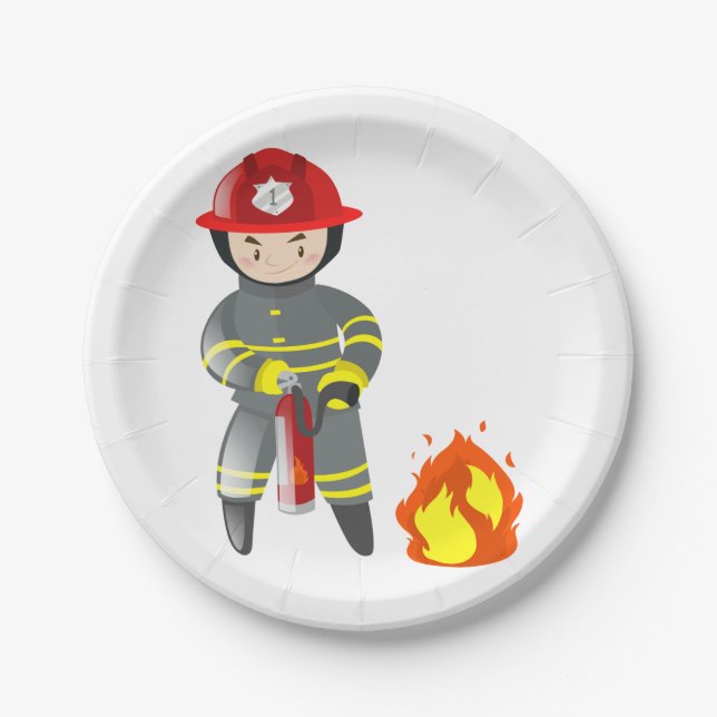 Little Fireman Hero Putting Out Fire Paper Plates (Front)