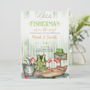 Little Fisherman Baby Shower Invitation   Green Ru