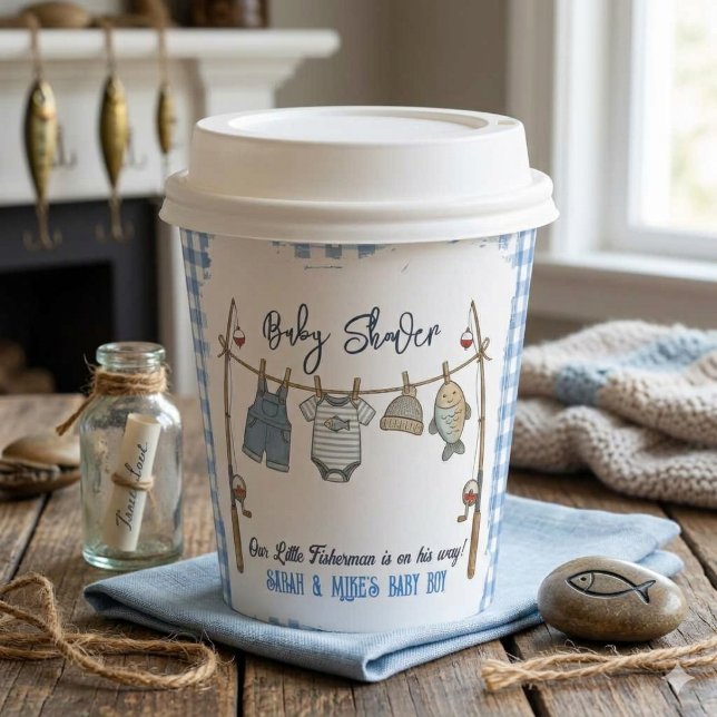  Little Fisherman Blue Gingham Fishing Boy Paper Cups (Creator Uploaded)