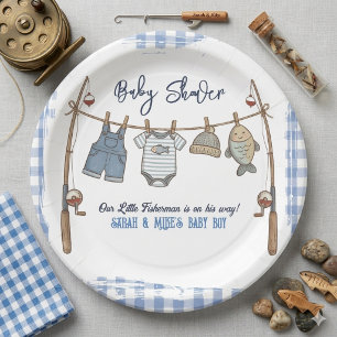  Little Fisherman Blue Gingham Fishing Boy Paper Plates